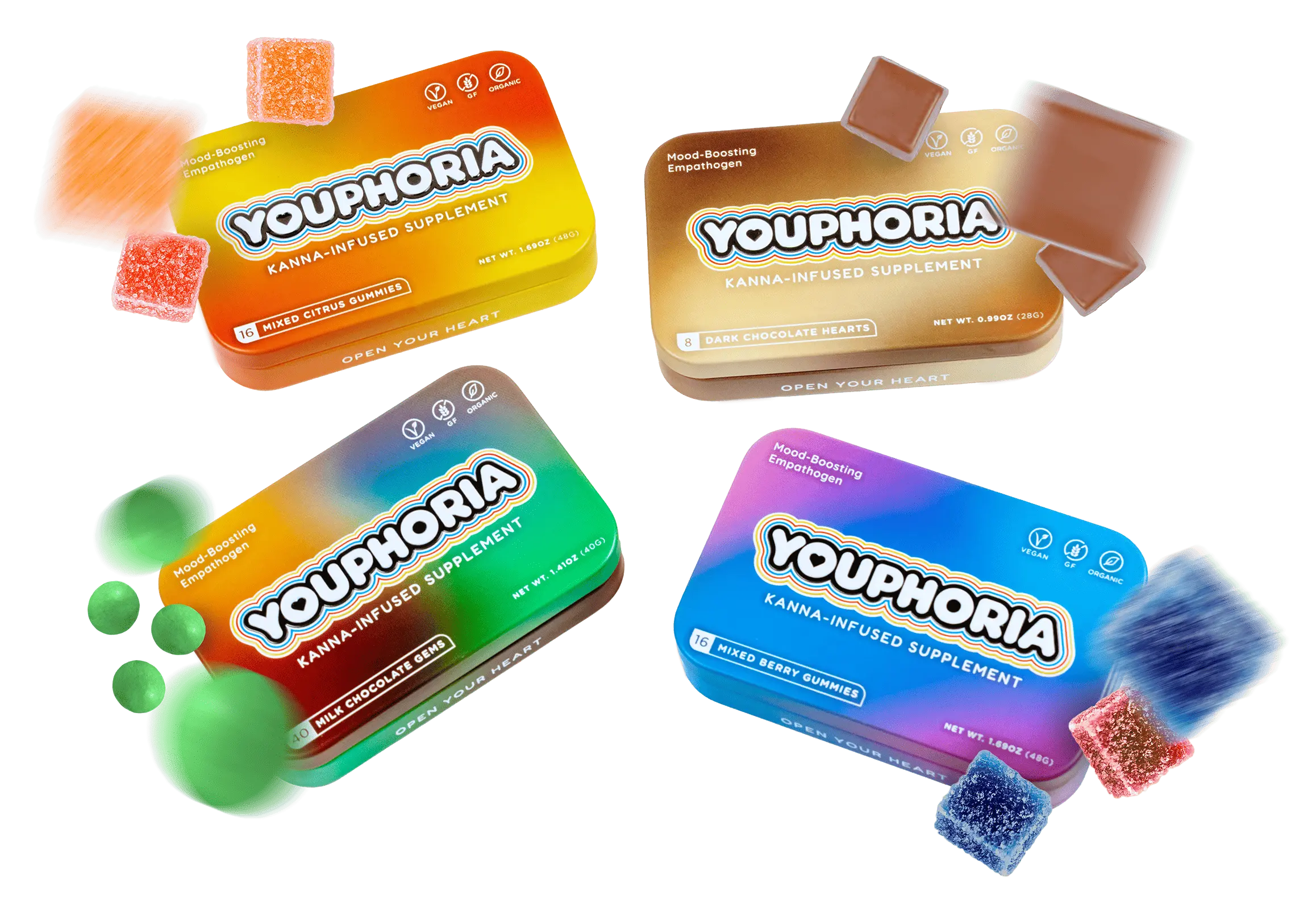 Youphoria kanna-infused supplement tins - Mixed Citrus Gummies, Dark Chocolate Hearts, Milk Chocolate Gems and Mixed Berry Gummies